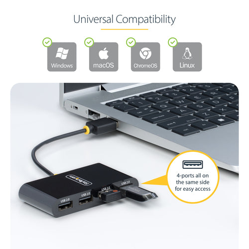 StarTech.com 4-Port USB 2.0 Hub, USB Bus Powered, Small Travel Mini USB Hub, USB 2.0 Splitter, Portable Multi-Port USB Hub, 480Mbps, Overcurrent Protection (OCP)