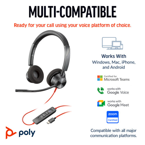 HP Poly Blackwire 3320 Stereo Microsoft Teams Certified USB-C Headset +USB-C/A Adapter