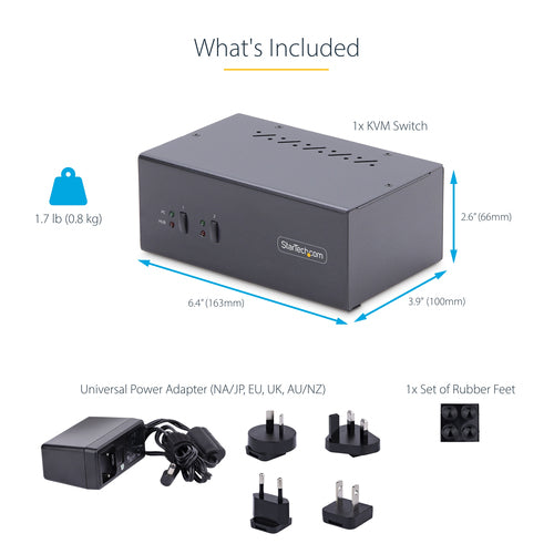 StarTech.com 2-Port Dual-Monitor DisplayPort KVM Switch, 4K 60Hz, 2x USB 5Gbps Hub Ports, 2x USB 2.0 HID Ports, Hotkey and Push-Button Switching, TAA Compliant - 3.5mm Audio, HDCP