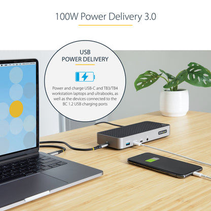 StarTech.com USB-C Triple Monitor Docking Station for MacBook Pro / Air M1 M2 M3 M4 & Windows, Universal 4K HDMI DP Dock, Thunderbolt Compatible, 100W Laptop Charging