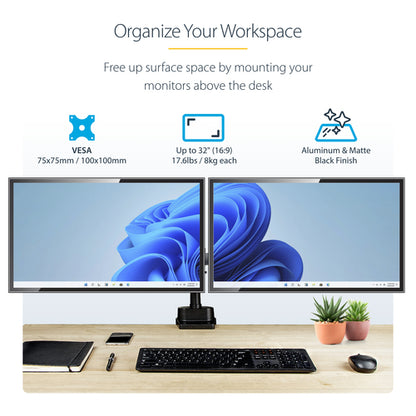 StarTech.com Desk Mount Dual Monitor Arm, Full Motion Monitor Mount for 2x VESA Displays up to 32" (17.6lb/8kg), Height Adjustable, Clamp/Grommet Mount, Mechanical Spring