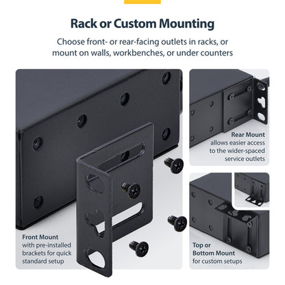 StarTech.com 14-Outlet Rackmount PDU, 1U Server Power Strip with 6x Front and 8x Rear Ports, Mounted Power Distribution Unit for 19-Inch Racks and Cabinets
