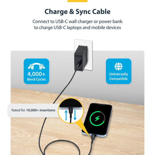 StarTech.com 10ft (3m) USB-C Charging Cable, Charge & Sync, 60W (3A) PD, USB 2.0 Laptop Charger Cable, TPE Jacket - Black USB C Charging Cord