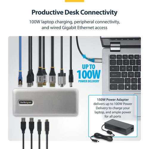 StarTech.com USB-C Docking Station Triple 4K Displays (2x 4K 60Hz, 1x 4K 30Hz), 100W Power Delivery, 6 USB Ports (10Gbps), Gigabit Ethernet, DisplayPort + HDMI, Driverless Windows Laptop Dock