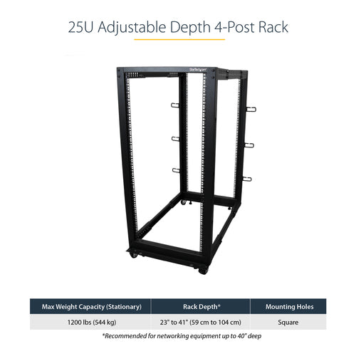 StarTech.com 4-Post 25U Mobile Open Frame Server Rack, Four Post 19in Network Rack with Wheels, Rolling Rack with Adjustable Depth for Computer/AV/Data/IT Equipment - Casters, Leveling Feet or Floor Mounting