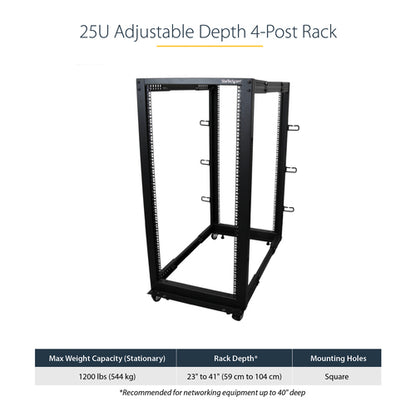 StarTech.com 4-Post 25U Mobile Open Frame Server Rack, Four Post 19in Network Rack with Wheels, Rolling Rack with Adjustable Depth for Computer/AV/Data/IT Equipment - Casters, Leveling Feet or Floor Mounting