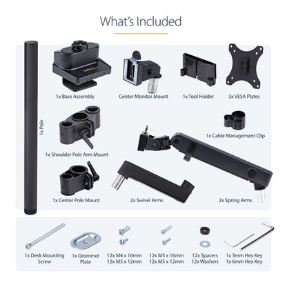StarTech.com Triple Monitor Desk Mount For Up To Three 27in Screens, VESA 75x75/100x100, Tool-Less Arm Adjustments, C-Clamp/Grommet Mount, Spring-Assisted Arms