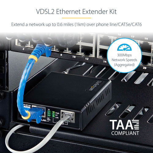 StarTech.com VDSL2 Ethernet Extender Kit over Single Pair Wire, Up to 0.6mi (1km) Long Range LAN Repeater over Phone Line/CAT5e/CAT6, Up to 300Mbps, Replacement for 110VDSLEXT - TAA