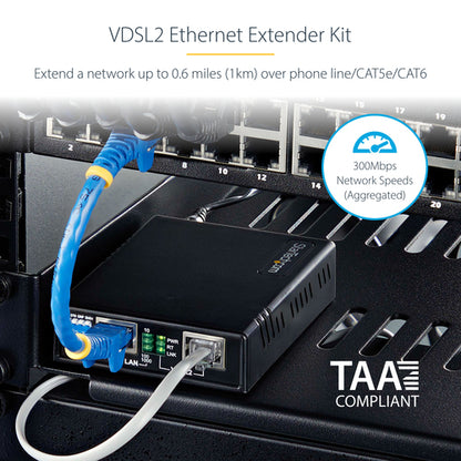 StarTech.com VDSL2 Ethernet Extender Kit over Single Pair Wire, Up to 0.6mi (1km) Long Range LAN Repeater over Phone Line/CAT5e/CAT6, Up to 300Mbps, Replacement for 110VDSLEXT - TAA