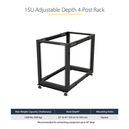 StarTech.com 15U 4-Post Server Rack, 19in Open Frame Rack with 40in (101cm) Mounting Depth and 1200lb (544kg) Weight Capacity, Mobile or Floor Mount IT Rack