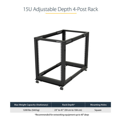 StarTech.com 15U 4-Post Server Rack, 19in Open Frame Rack with 40in (101cm) Mounting Depth and 1200lb (544kg) Weight Capacity, Mobile or Floor Mount IT Rack