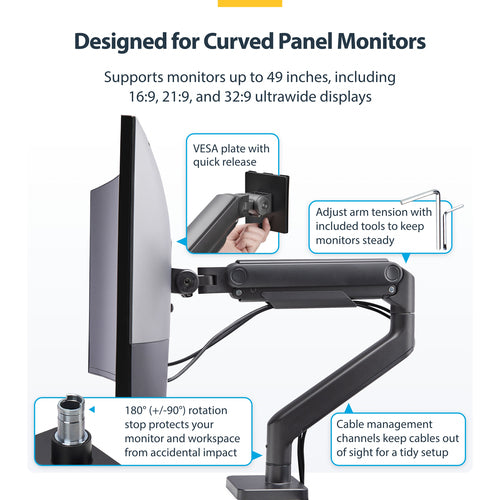 StarTech.com Monitor Desk Mount for up to 49in 32:9 Ultrawide Curved Screens, Mechanical Spring Arm, C-Clamp/Grommet, Tool-Less Adjustment, Max 44lb/20kg