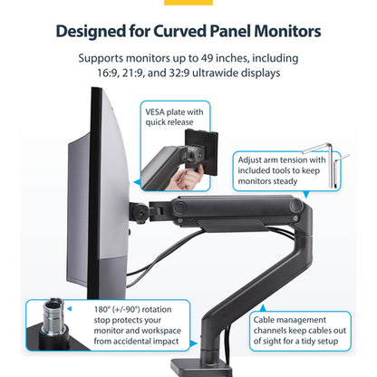 StarTech.com Monitor Desk Mount for up to 49in 32:9 Ultrawide Curved Screens, Mechanical Spring Arm, C-Clamp/Grommet, Tool-Less Adjustment, Max 44lb/20kg