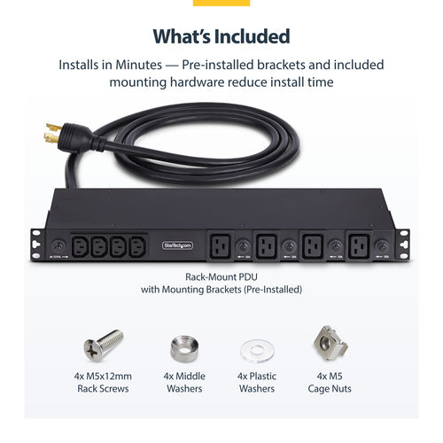 StarTech.com 20-Outlet Rackmount PDU, 1U Server Power Strip, 16x C13 + 4x C19, 8x Front and 12x Rear Outlets, NEMA L6-30P Wall Connection, 30A/240V, UL-Listed, TAA