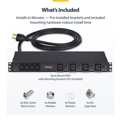StarTech.com 20-Outlet Rackmount PDU, 1U Server Power Strip, 16x C13 + 4x C19, 8x Front and 12x Rear Outlets, NEMA L6-30P Wall Connection, 30A/240V, UL-Listed, TAA