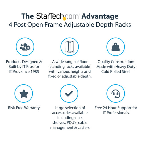 StarTech.com 15U 4-Post Server Rack, 19in Open Frame Rack with 40in (101cm) Mounting Depth and 1200lb (544kg) Weight Capacity, Mobile or Floor Mount IT Rack