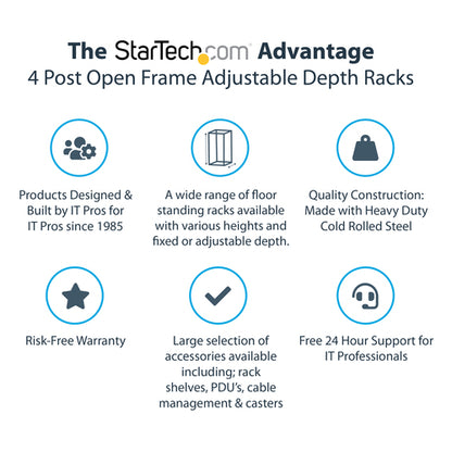 StarTech.com 15U 4-Post Server Rack, 19in Open Frame Rack with 40in (101cm) Mounting Depth and 1200lb (544kg) Weight Capacity, Mobile or Floor Mount IT Rack
