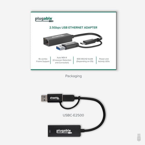 Plugable Technologies 2.5G USB C and USB to Ethernet Adapter, 2-in-1 Adapter Compatible with USB-C Thunderbolt 3 or USB 3.0, USB-C to RJ45 2.5 Gigabit LAN Ethernet, Compatible with Mac and Windows