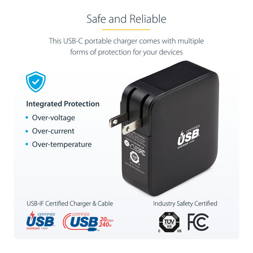 StarTech.com 140W USB-C Wall Charger, USB-IF Certified, Single USB-C, PD 3.1 Portable GaN Charging, Power Adapter for MacBook M3 Pro/Max, Dell XPS/Inspiron/Precision