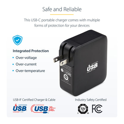 StarTech.com 140W USB-C Wall Charger, USB-IF Certified, Single USB-C, PD 3.1 Portable GaN Charging, Power Adapter for MacBook M3 Pro/Max, Dell XPS/Inspiron/Precision