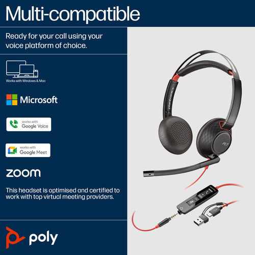 HP Poly Blackwire 5220 Stereo USB-C Headset +3.5mm Plug +USB-C/A Adapter