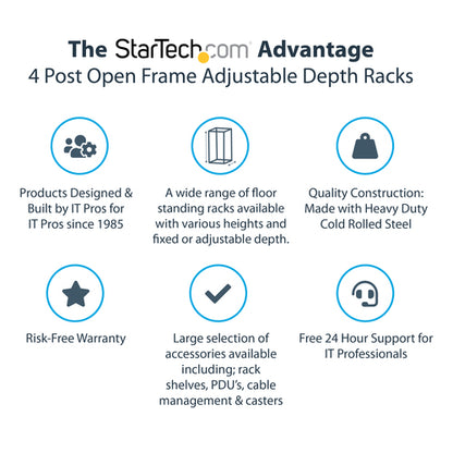 StarTech.com 4-Post 18U Mobile Open Frame Server Rack, Four Post 19" Network Rack with Wheels, Rolling Rack with Adjustable Depth for Computer/AV/Data/IT Equipment - Casters, Leveling Feet or Floor Mounting