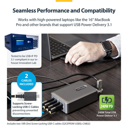 StarTech.com 4-Port Multi-Device USB-C Charger, 240W Total, Single Port 140W EPR, PD 3.1, Screw Locking Ports, Surface Mounting, Ideal for Boardrooms, 2x 10ft USB-C Side Locking 240W Cables Included
