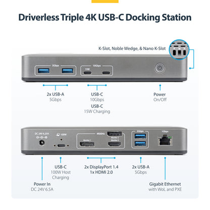 StarTech.com USB-C Docking Station Triple 4K Displays (2x 4K 60Hz, 1x 4K 30Hz), 100W Power Delivery, 6 USB Ports (10Gbps), Gigabit Ethernet, DisplayPort + HDMI, Driverless Windows Laptop Dock