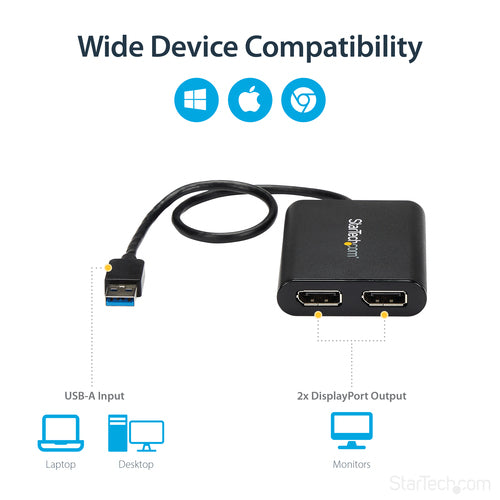 StarTech.com USB 3.0 to Dual DisplayPort Adapter, 4K 60Hz, DisplayLink Certified, USB to Dual DP Display Adapter, Dual DisplayPort Adapter for Mac & Windows