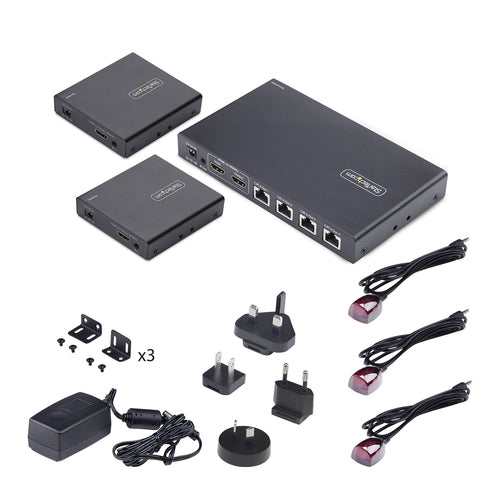 StarTech.com 4-Port HDMI Extender and Splitter Over CAT6, 4K 60Hz, Up to 230ft (70m), 1x4 HDMI over Ethernet Distribution Kit with IR and Power Over Cable