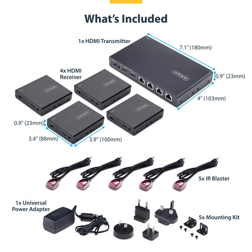 StarTech.com 4-Port HDMI Extender and Splitter Over CAT6, 4K 60Hz, Up to 230ft (70m), 1x4 HDMI over Ethernet Distribution Kit with IR and Power Over Cable