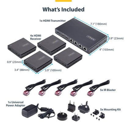 StarTech.com 4-Port HDMI Extender and Splitter Over CAT6, 4K 60Hz, Up to 230ft (70m), 1x4 HDMI over Ethernet Distribution Kit with IR and Power Over Cable
