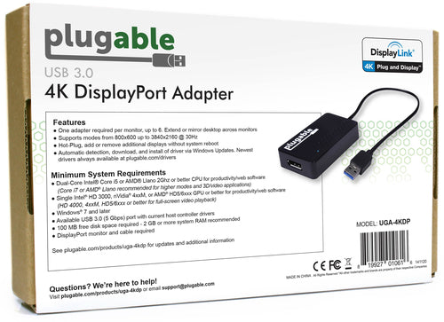 Plugable Technologies USB 3.0 to DisplayPort 4K DisplayLink Video Graphics Adapter for Multiple Monitors up to 3840x2160 Supports Windows, Mac, and ChromeOS