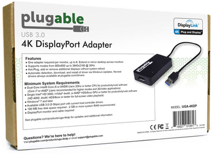 Plugable Technologies USB 3.0 to DisplayPort 4K DisplayLink Video Graphics Adapter for Multiple Monitors up to 3840x2160 Supports Windows, Mac, and ChromeOS