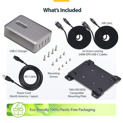 StarTech.com 4-Port Multi-Device USB-C Charger, 240W Total, Single Port 140W EPR, PD 3.1, Screw Locking Ports, Surface Mounting, Ideal for Boardrooms, 2x 10ft USB-C Side Locking 240W Cables Included