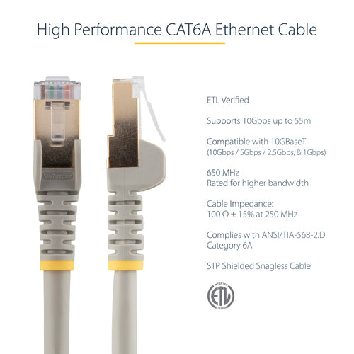 StarTech.com 1ft CAT6a Ethernet Cable - 10 Gigabit Shielded Snagless RJ45 100W PoE Patch Cord - 10GbE STP Network Cable w/Strain Relief - Gray Individually Tested/Wiring is UL Certified/TIA