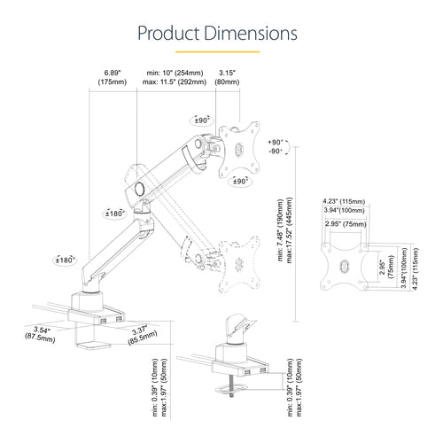 StarTech.com Desk Mount Monitor Arm with 2x USB 3.0 ports, Slim Full Motion Single Monitor Mount, up to 34" (17.6lb/8kg) VESA Display, Clamp/Grommet Mount, Mechanical Spring