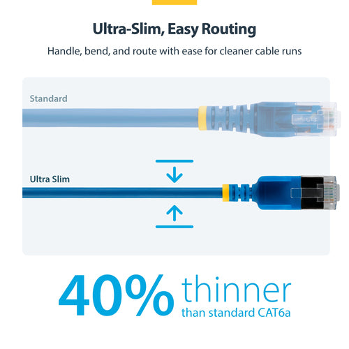 StarTech.com 1ft Blue Ultra Slim Cat6A Ethernet Cable, Snagless, FTP, Pure Bare Copper Wire, 34AWG Slim RJ45 Network Patch Cord, Individually Tested