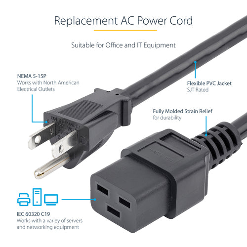 StarTech.com 6ft (1.8m) Heavy Duty Power Cord, NEMA 5-15P to C19 AC Power Cord, 15A 125V, 14AWG, Computer Power Cord, Heavy Gauge Power Cable for PDUs and Network Equipment, NEMA 5-15P to IEC 60320 C19 Power Cord