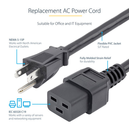 StarTech.com 6ft (1.8m) Heavy Duty Power Cord, NEMA 5-15P to C19 AC Power Cord, 15A 125V, 14AWG, Computer Power Cord, Heavy Gauge Power Cable for PDUs and Network Equipment, NEMA 5-15P to IEC 60320 C19 Power Cord