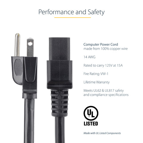 StarTech.com 6ft (1.8m) Heavy Duty Power Cord, NEMA 5-15P to C19 AC Power Cord, 15A 125V, 14AWG, Computer Power Cord, Heavy Gauge Power Cable for PDUs and Network Equipment, NEMA 5-15P to IEC 60320 C19 Power Cord