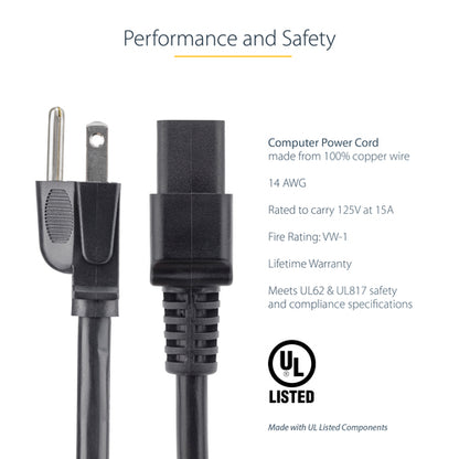 StarTech.com 6ft (1.8m) Heavy Duty Power Cord, NEMA 5-15P to C19 AC Power Cord, 15A 125V, 14AWG, Computer Power Cord, Heavy Gauge Power Cable for PDUs and Network Equipment, NEMA 5-15P to IEC 60320 C19 Power Cord