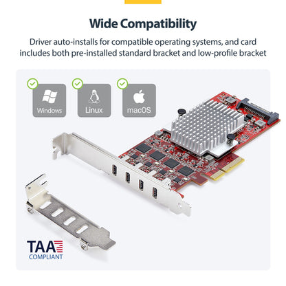 StarTech.com 4-Port USB Type-C PCIe Card, USB 3.2 10Gbps, USB-C PCI Express Expansion Card, 4x Independent USB Controllers, Windows/Linux/macOS, TAA-Compliant