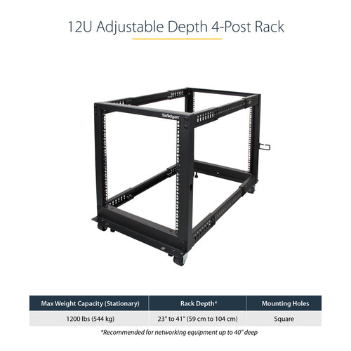 StarTech.com 4-Post 12U Mobile Open Frame Server Rack, Four Post 19" Network Rack with Wheels, Rolling Rack with Adjustable Depth for Computer/AV/Data/IT Equipment - Casters, Leveling Feet or Floor Mounting