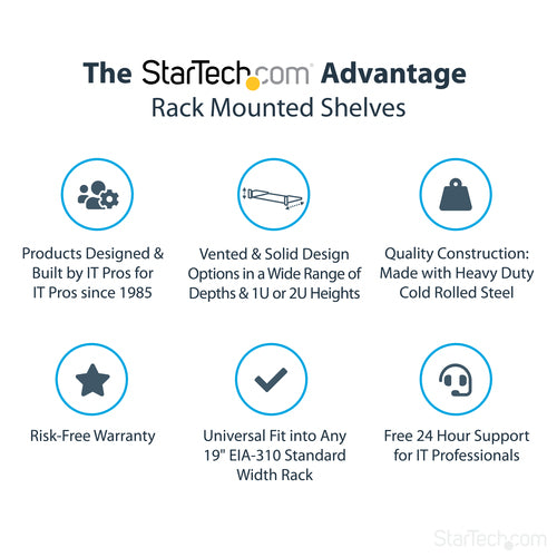 StarTech.com 1U Fixed Server Rack Mount Shelf - 10in Deep Steel Universal Cantilever Tray for 19" AV/ Network Equipment Rack - Heavy Duty Steel - Weight Capacity 44lbs/20kg, Black