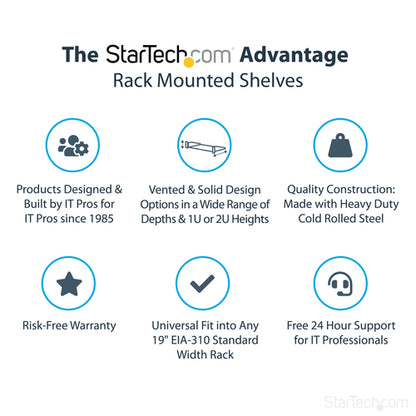 StarTech.com 1U Fixed Server Rack Mount Shelf - 10in Deep Steel Universal Cantilever Tray for 19" AV/ Network Equipment Rack - Heavy Duty Steel - Weight Capacity 44lbs/20kg, Black